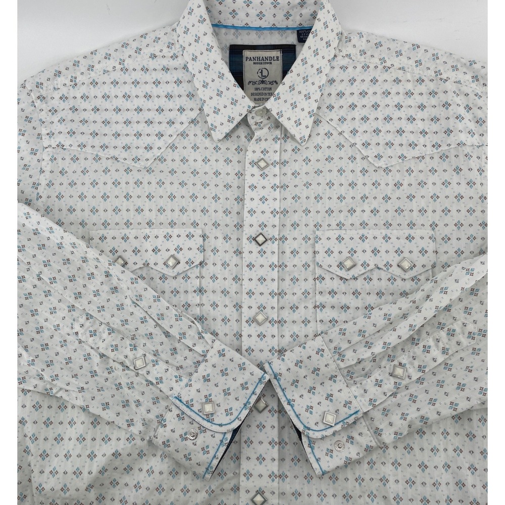 Panhandle Rough Stock Western Shirt Mens Large White Blue Diamond Pearl Snap